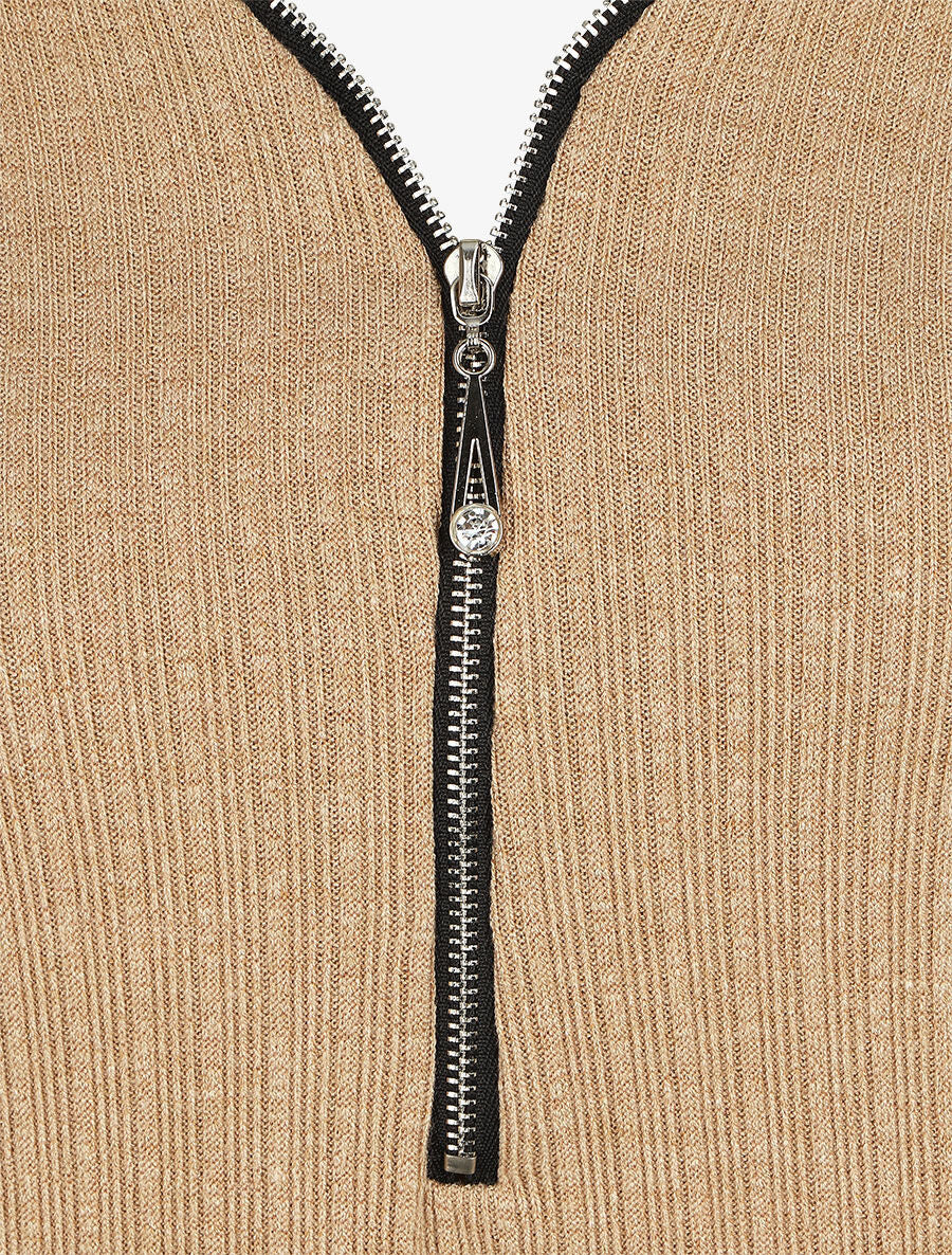 Pull fin droit et côtelé col zippé - Beige - 3