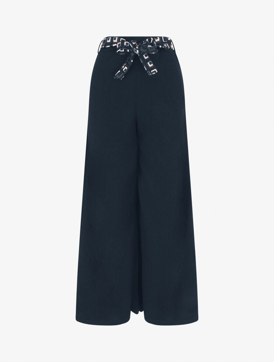 Pantalon ample taille haute uni - Marine - 1