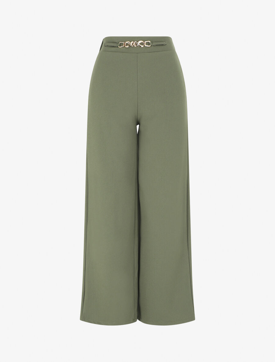 Pantalon ample taille haute élastiquée - Kaki - 1