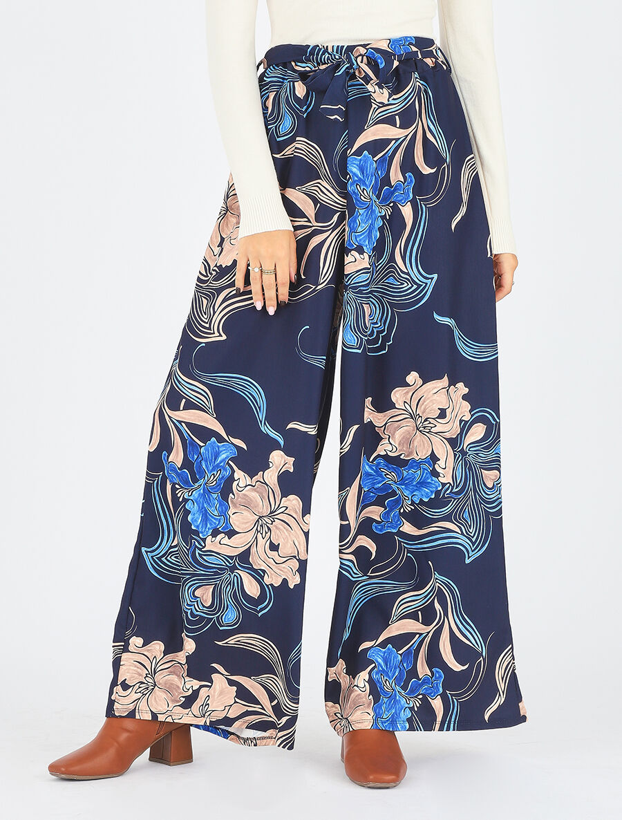 Pantalon ample taille haute imprimé floral - Marine - 4