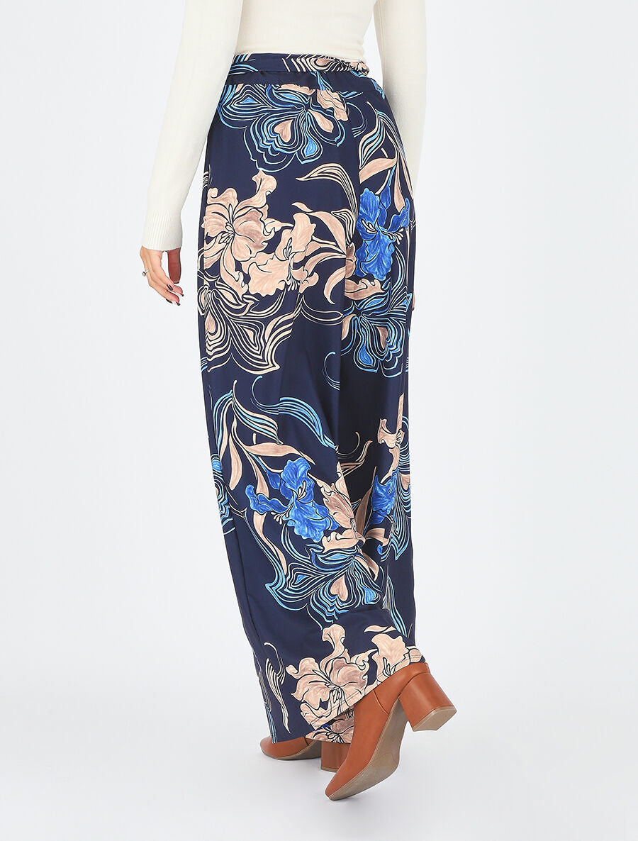 Pantalon ample taille haute imprimé floral - Marine - 5