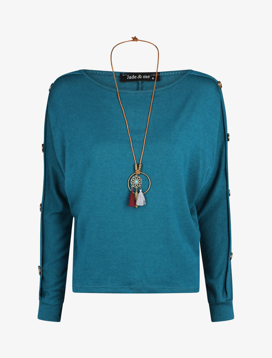 Pull ample manches à boutons décoratifs - Bleu canard - 4