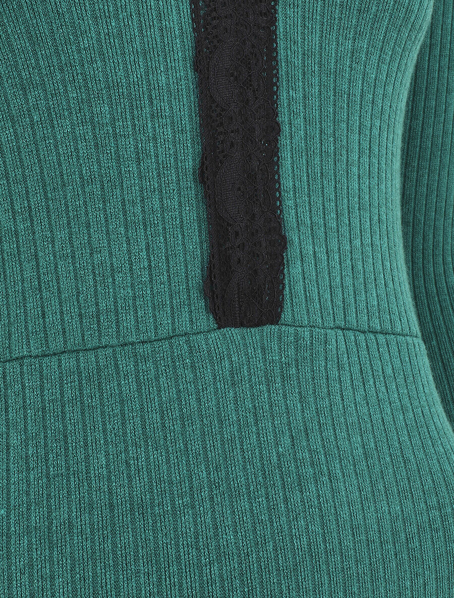Robe pull droite col V en dentelle - Vert - 3