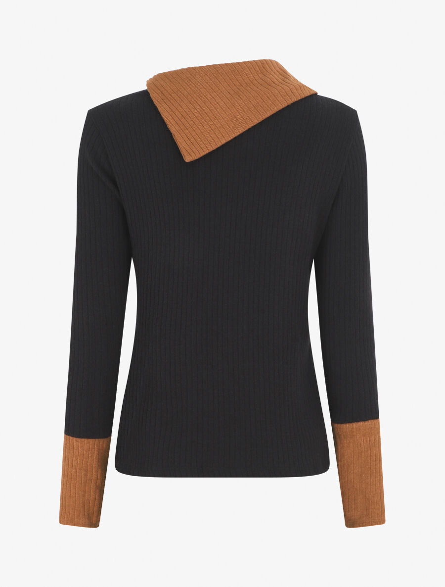 Pull côtelé droit col asymétrique - Noir/camel - 2