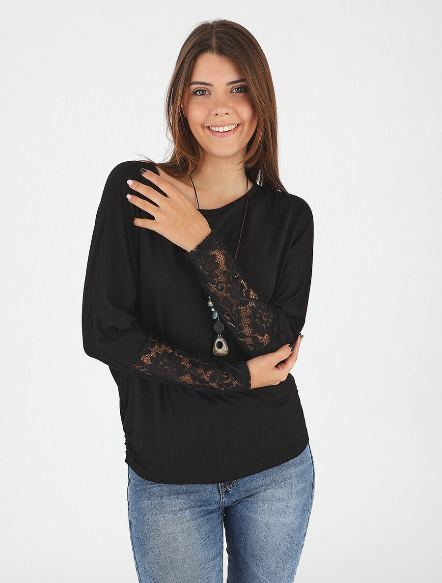Top ample manches longues en dentelle - Noir - 4