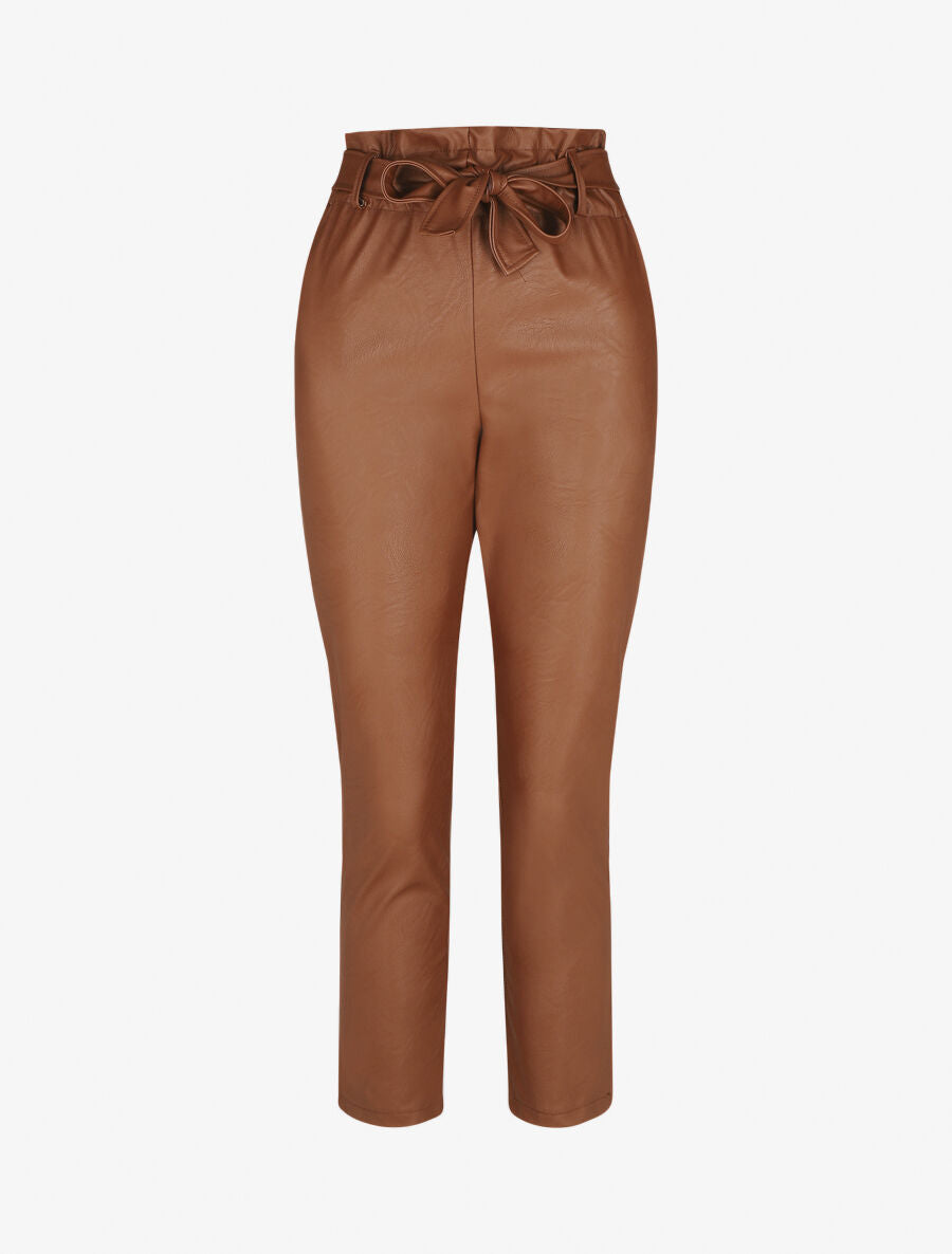 Pantalon paperbag taille haute en simili - Camel - 4