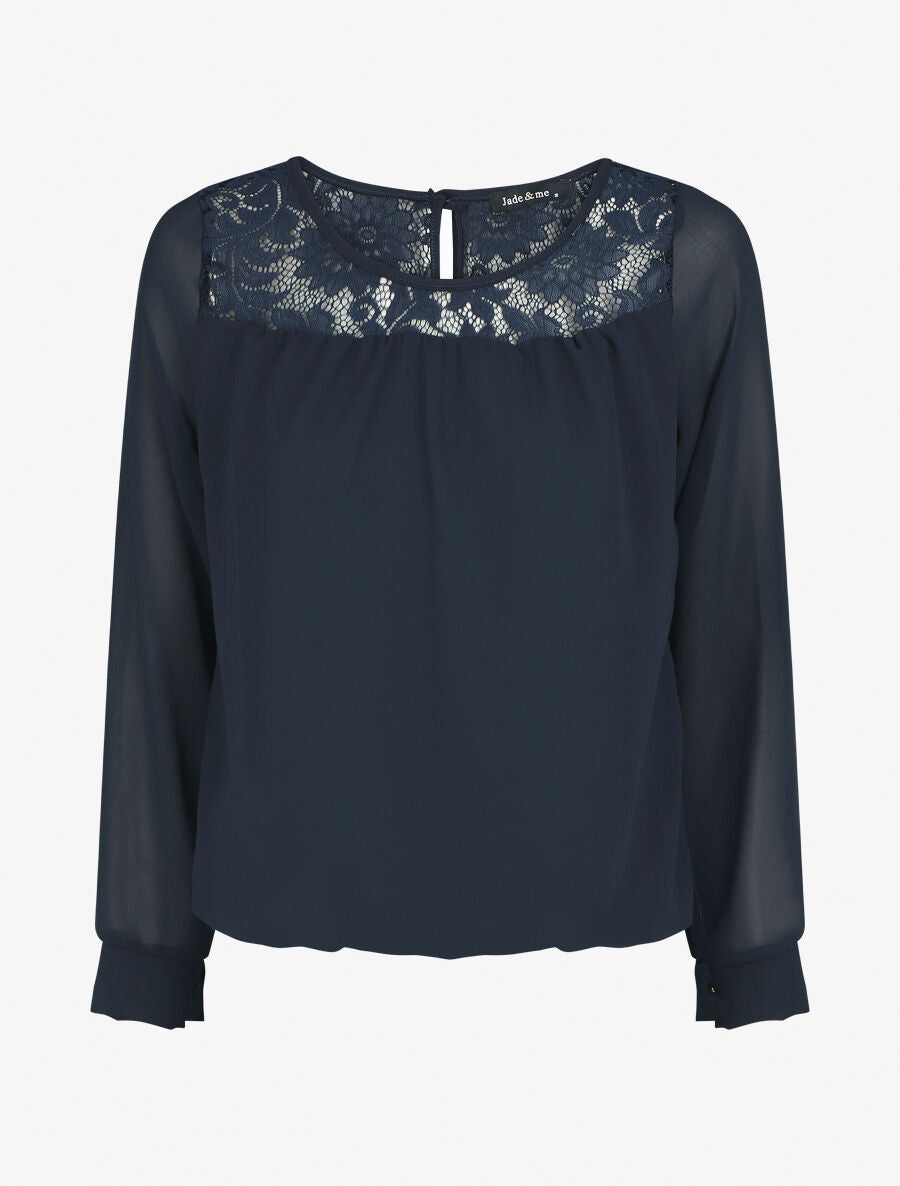 Top uni en voile et dentelle - Marine - 7