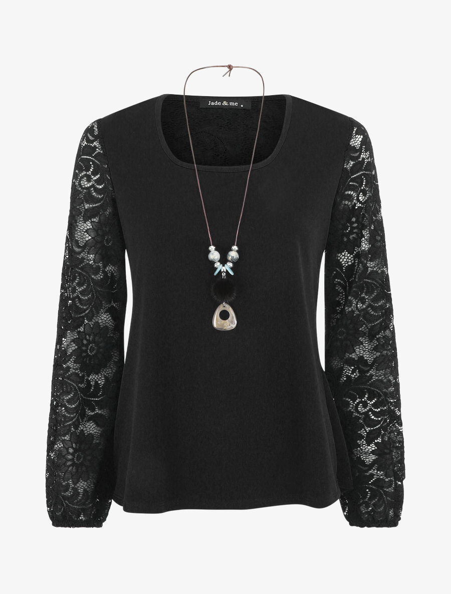 Top droit manches longues dos en dentelle - Noir - 7