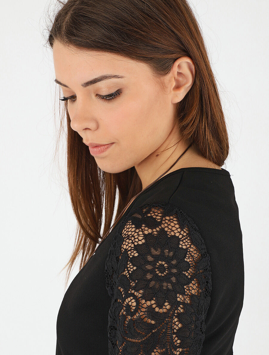 Top droit manches longues dos en dentelle - Noir - 6