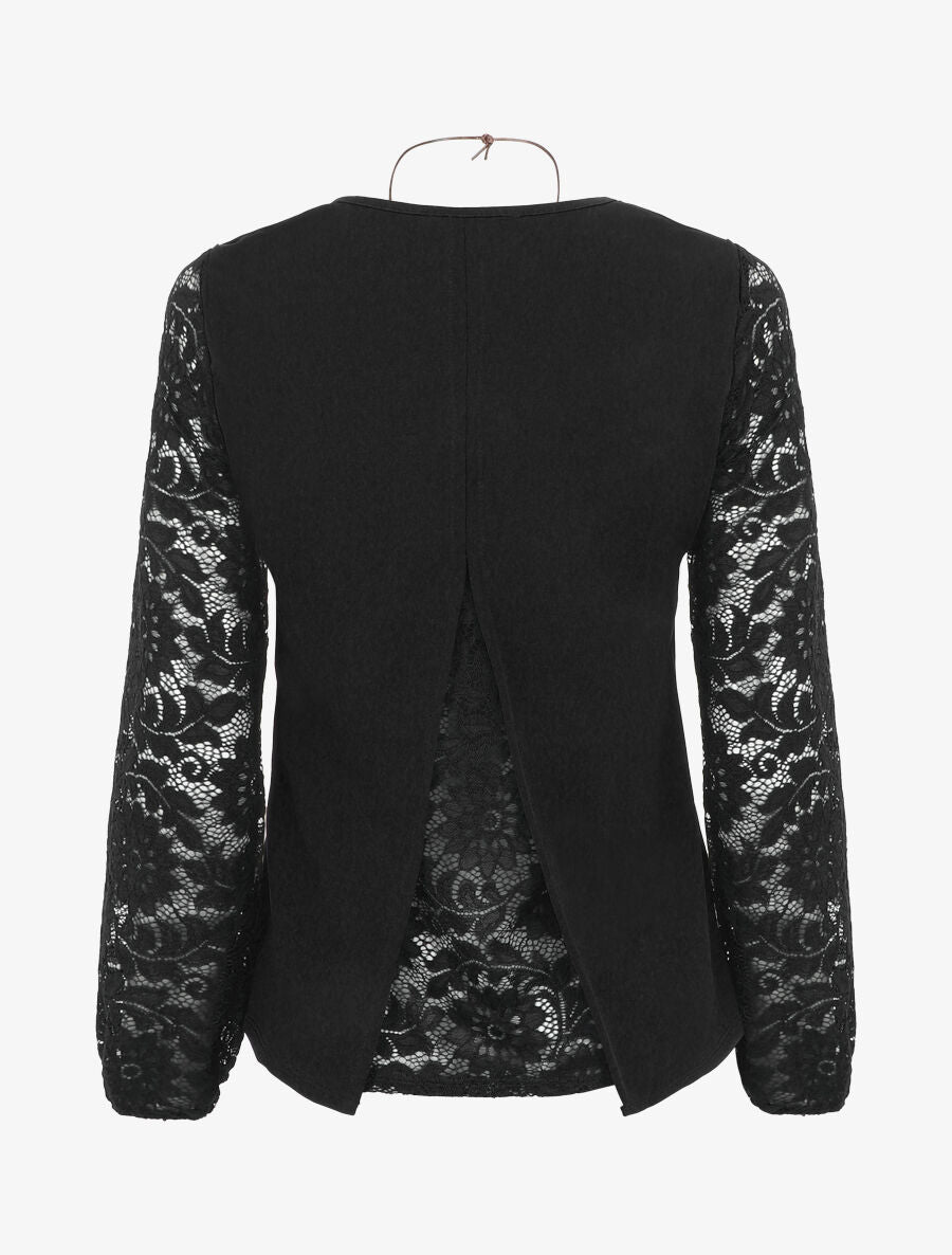 Top droit manches longues dos en dentelle - Noir - 2
