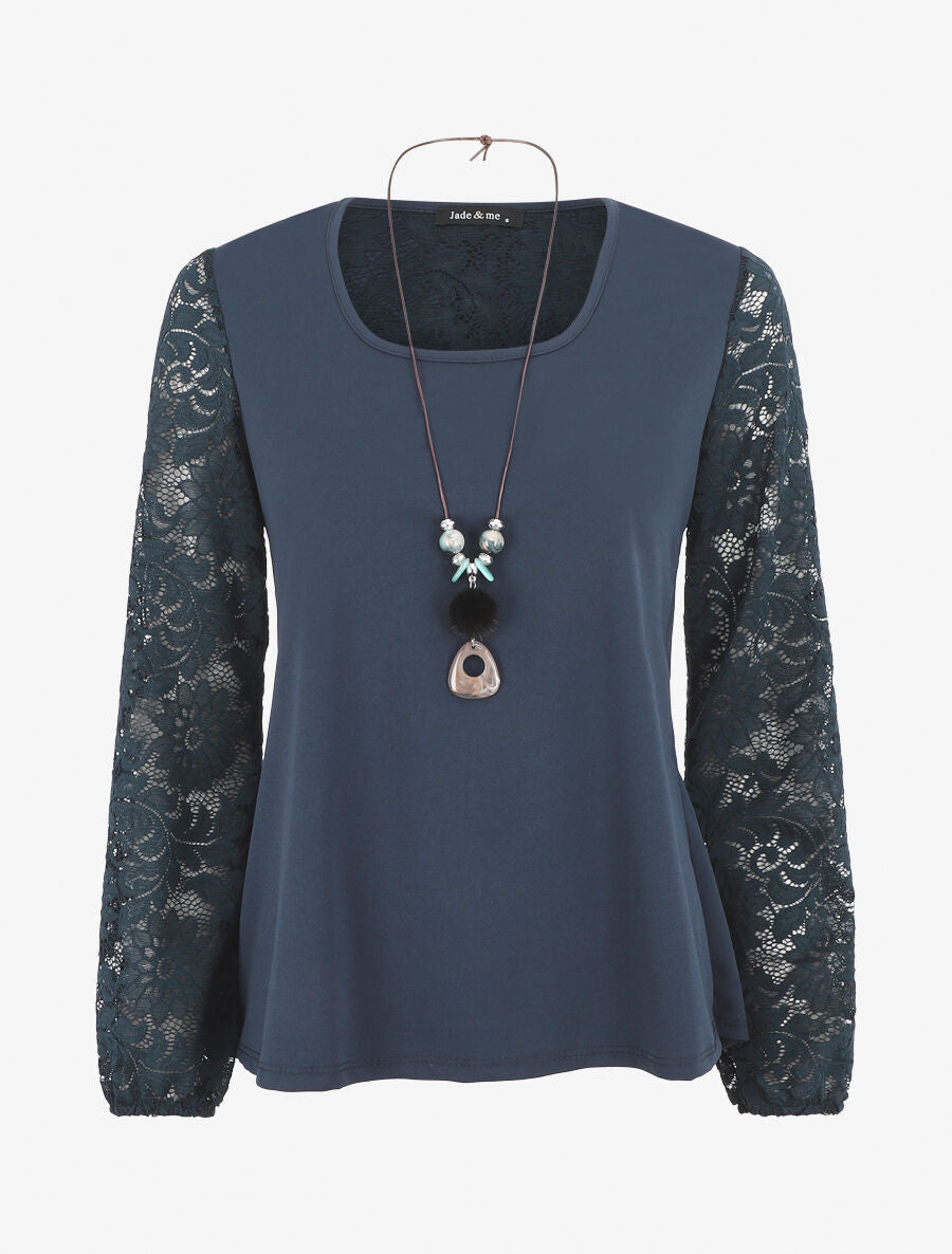 Top droit manches longues dos en dentelle - Marine - 1