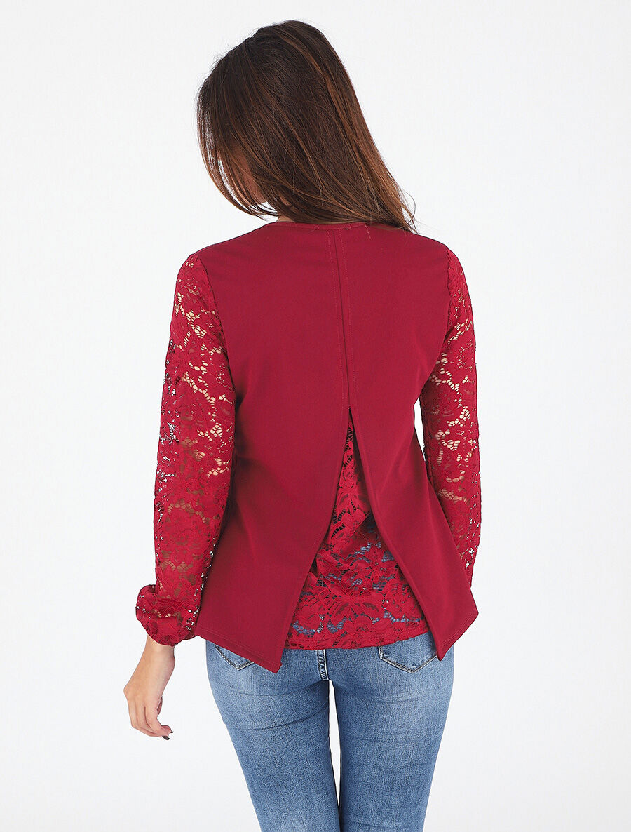 Top droit manches longues dos en dentelle - Bordeaux - 5