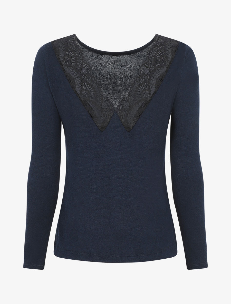 Pull droit dos en V dentelle - Marine - 2