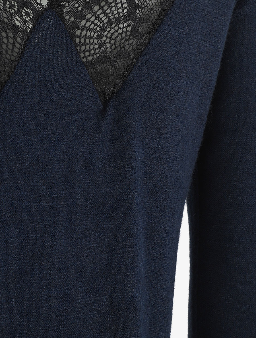 Pull droit dos en V dentelle - Marine - 3