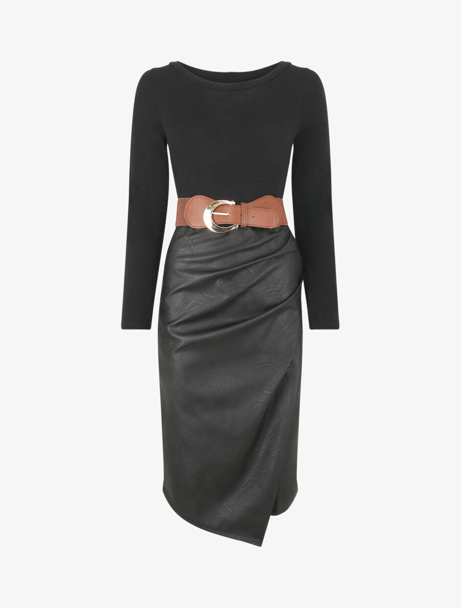 Robe bi-matière effet drapé - Noir - 1