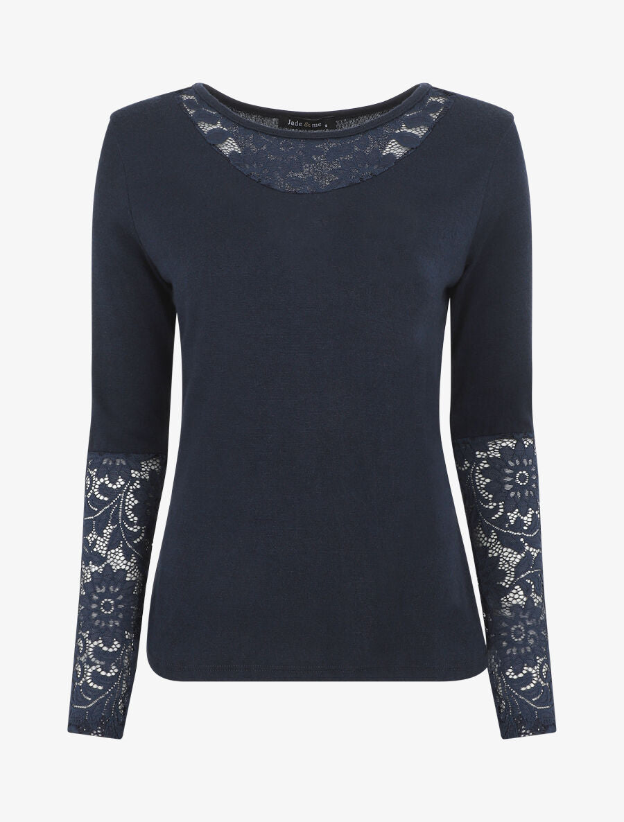 Pull droit uni col et manches en dentelle - Marine - 1
