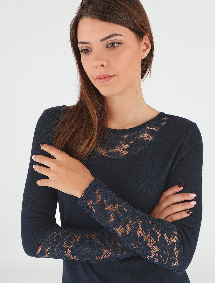 Pull droit uni col et manches en dentelle - Marine - 6