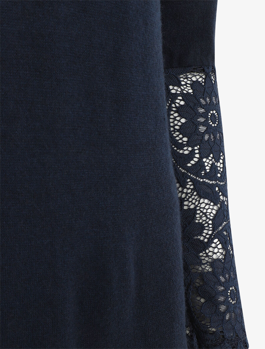 Pull droit uni col et manches en dentelle - Marine - 3