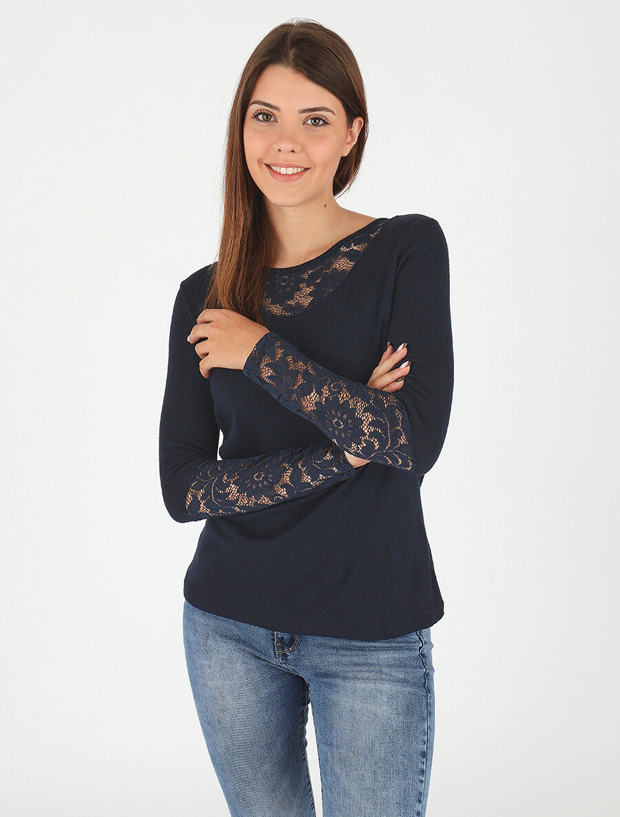 Pull droit uni col et manches en dentelle - Marine - 4