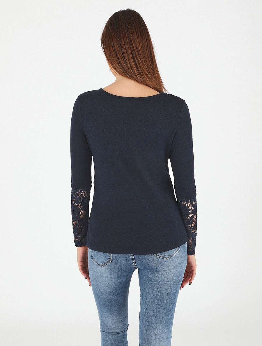 Pull droit uni col et manches en dentelle - Marine - 5