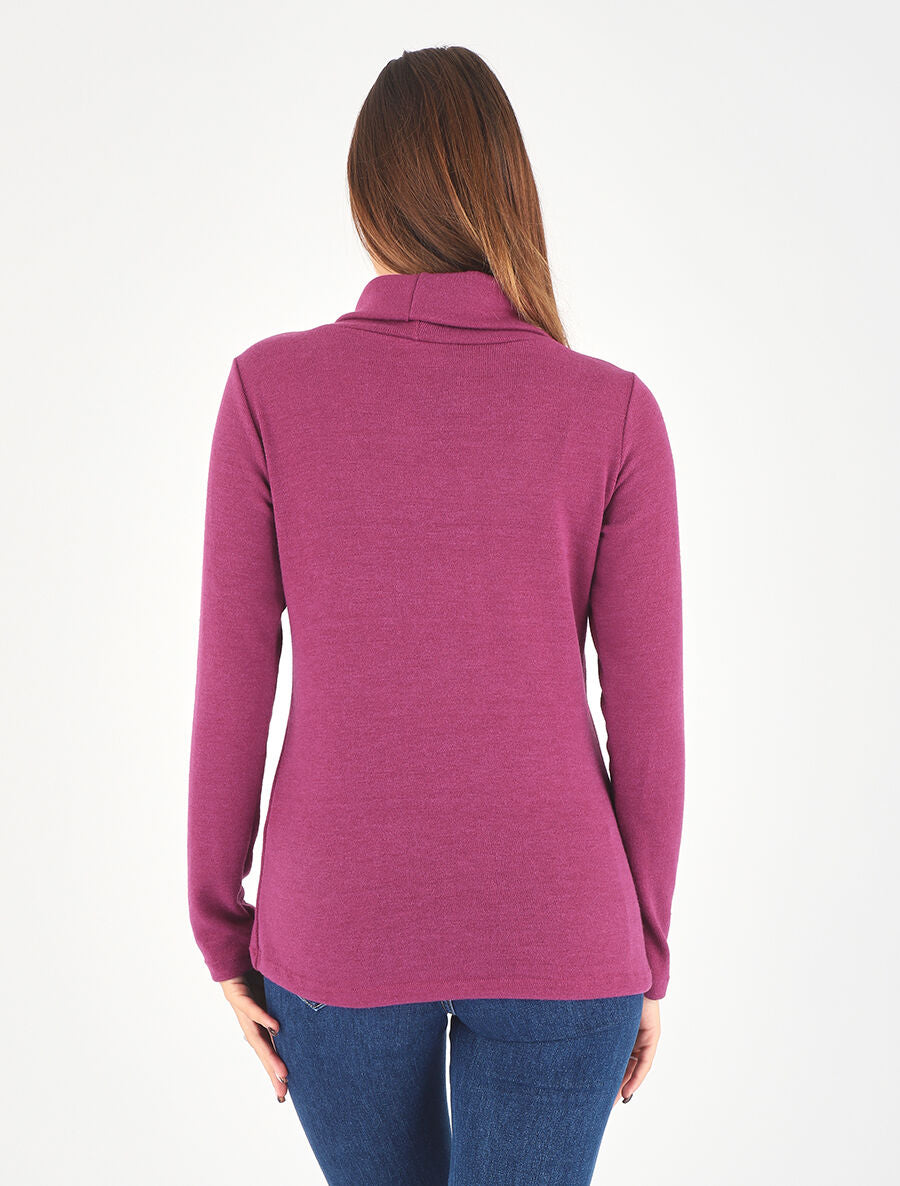 Pull droit col roulé et boutons - Violine - 5