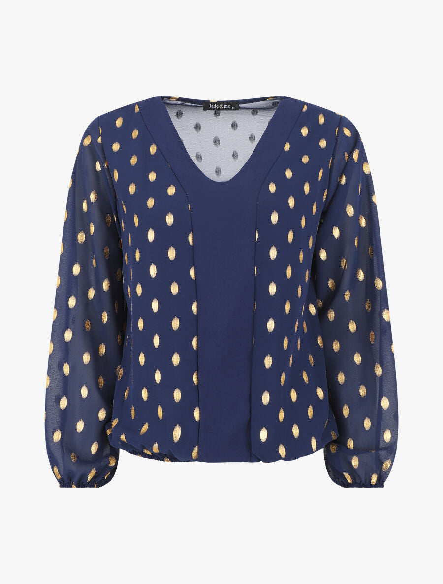 Top élastiqué col V motif irisé - Marine - 1