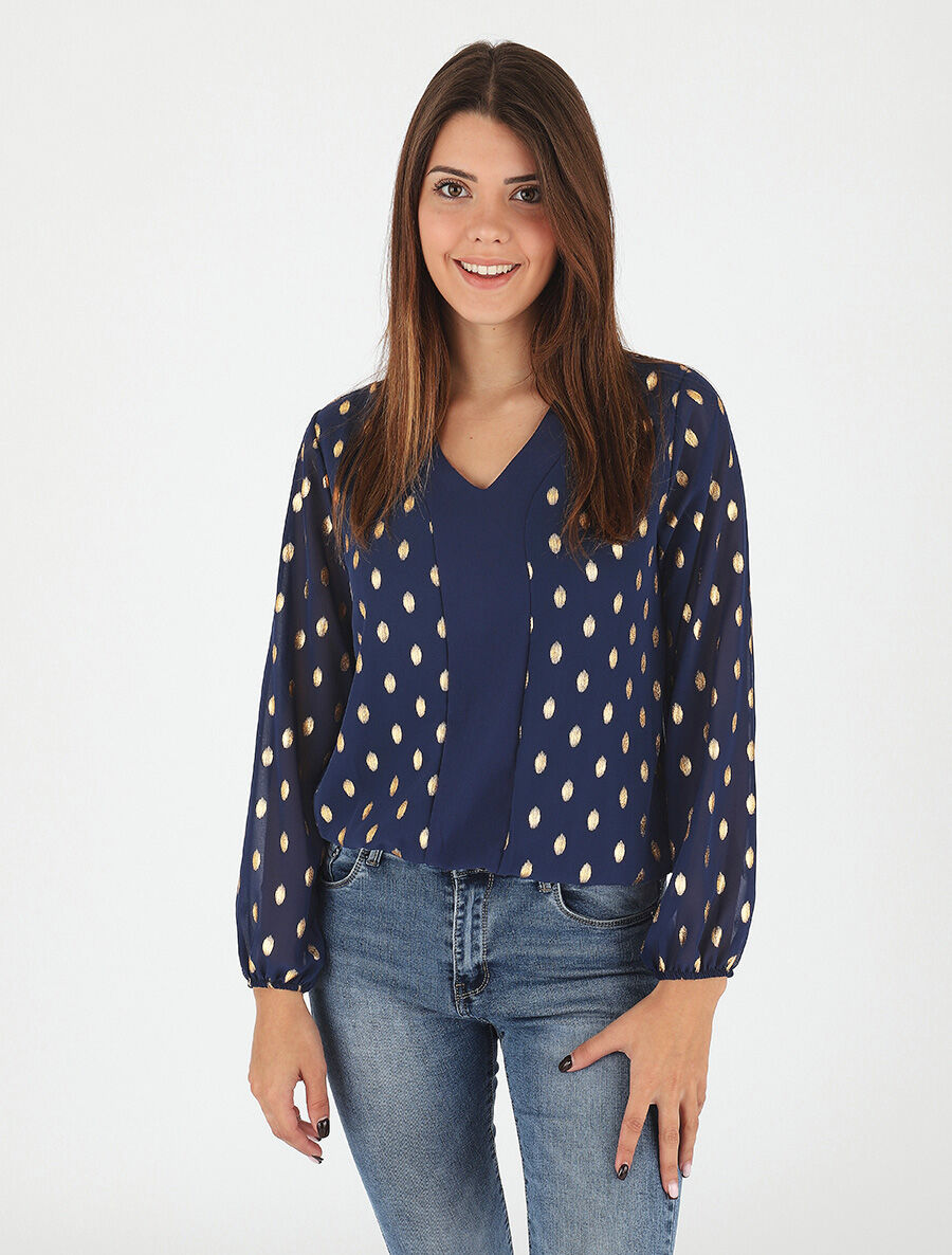 Top élastiqué col V motif irisé - Marine - 4