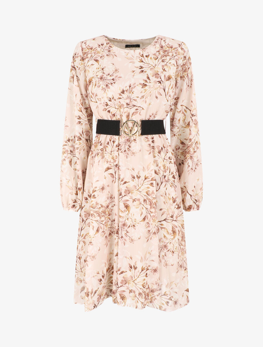 Robe mi-longue évasée motif floral - Beige - 1