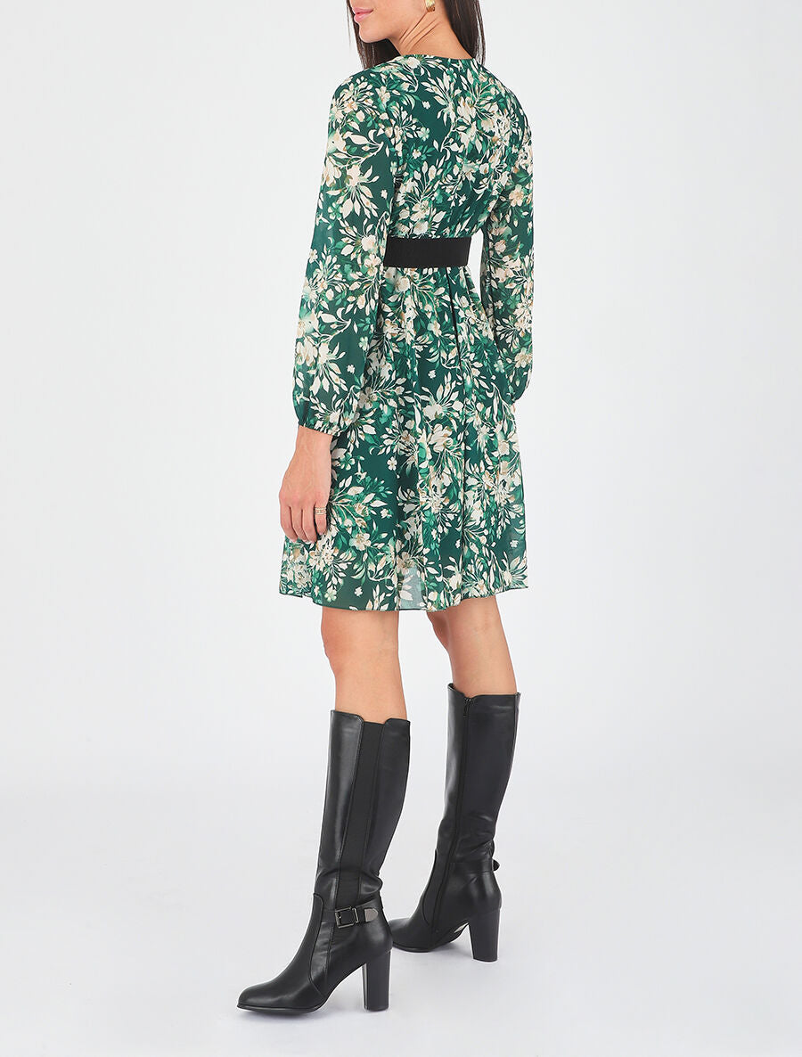 Robe mi-longue évasée motif floral - Vert - 6