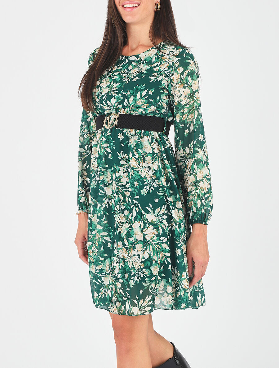 Robe mi-longue évasée motif floral - Vert - 4