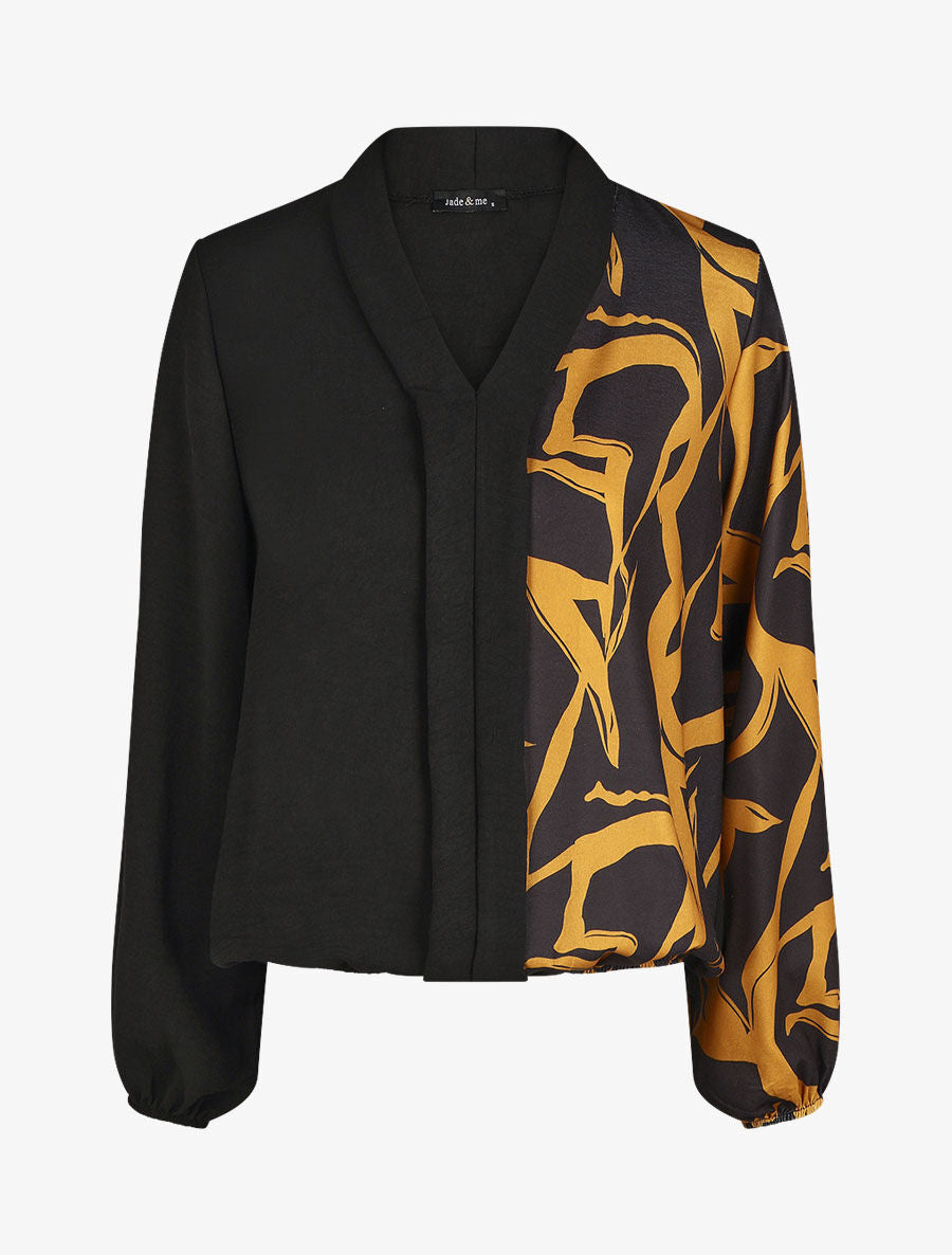 Blouse droite bi-colore et col V - Jaune moutarde - 1