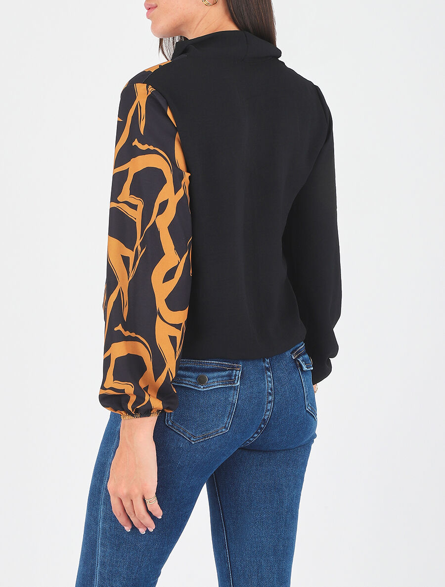 Blouse droite bi-colore et col V - Jaune moutarde - 5