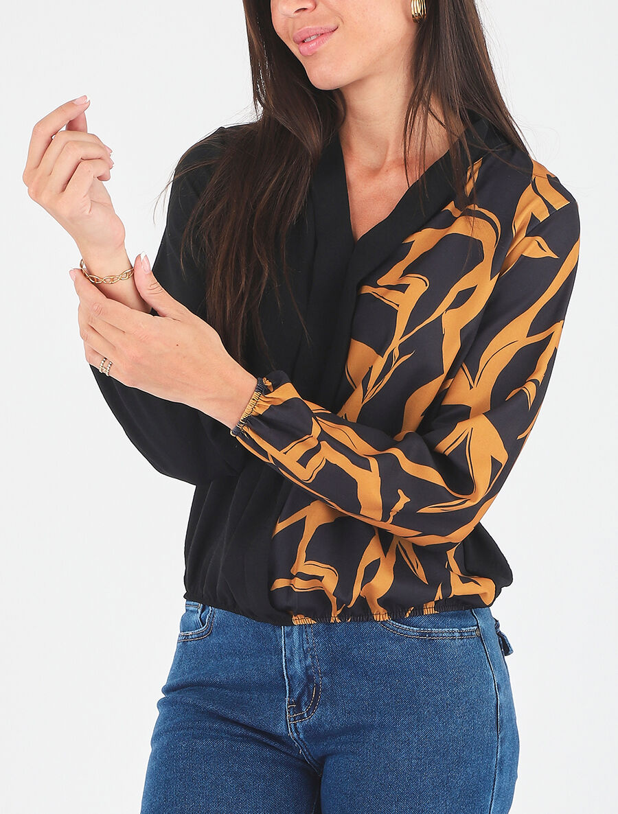 Blouse droite bi-colore et col V - Jaune moutarde - 4