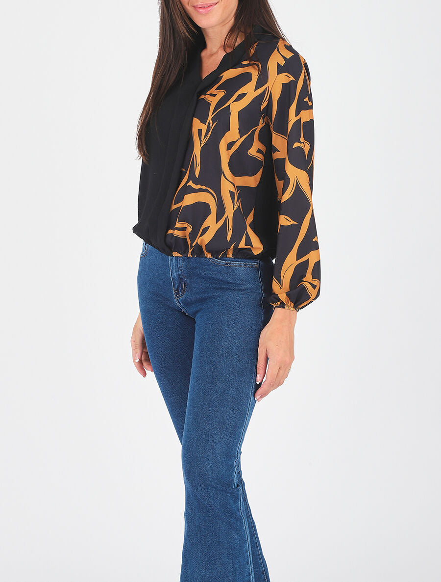 Blouse droite bi-colore et col V - Jaune moutarde - 6