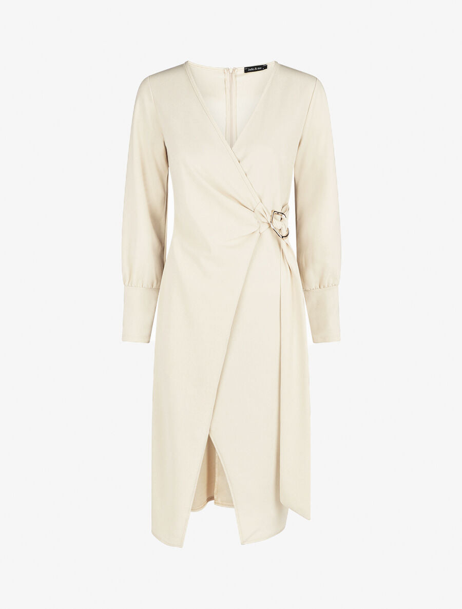 Robe longue unie effet portefeuille - Beige - 4