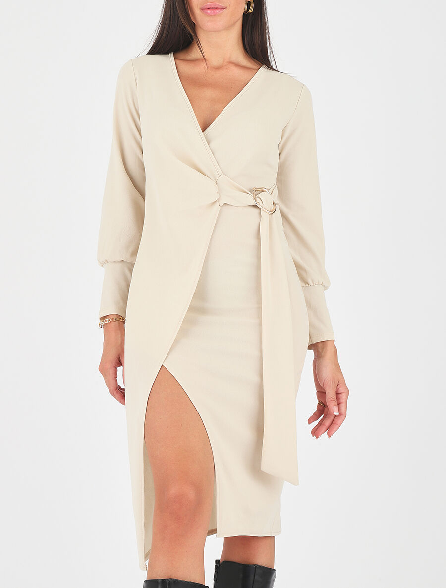 Robe longue unie effet portefeuille - Beige - 3