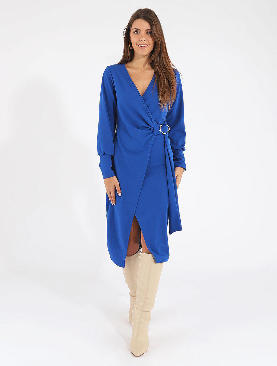 Robe longue unie effet portefeuille - Bleu roi - 4