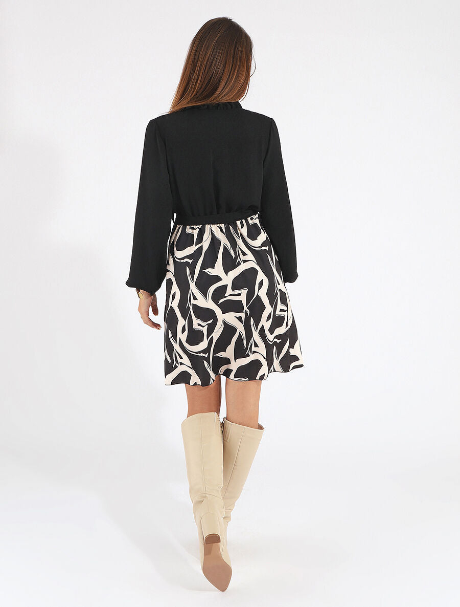 Robe fluide bicolore imprimé graphique - Beige - 5