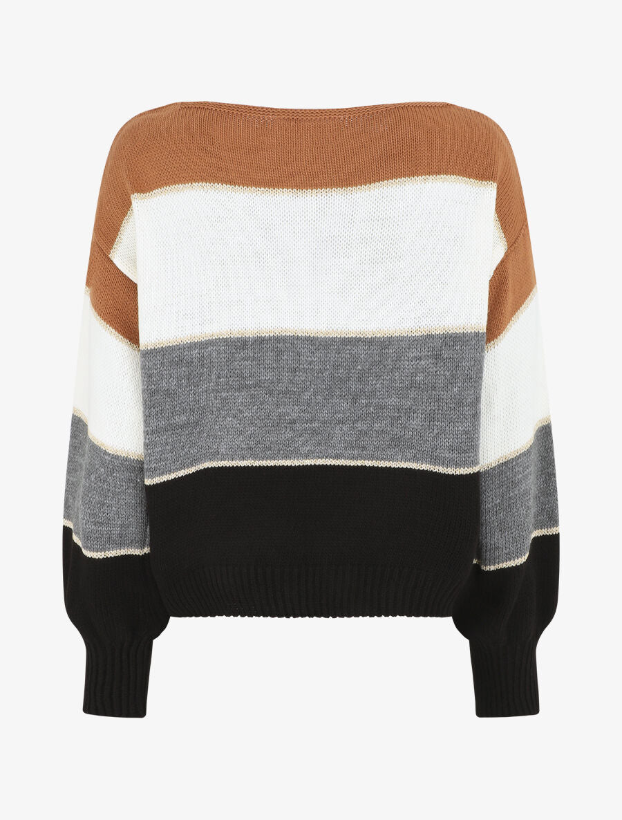 Pull droit à rayures - Camel - 2