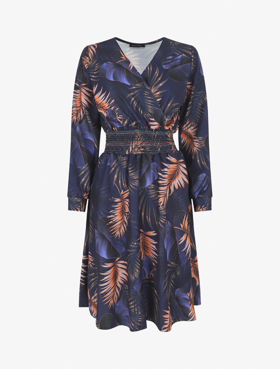Robe imprimée tropical à taille élastiquée - Marine - 1