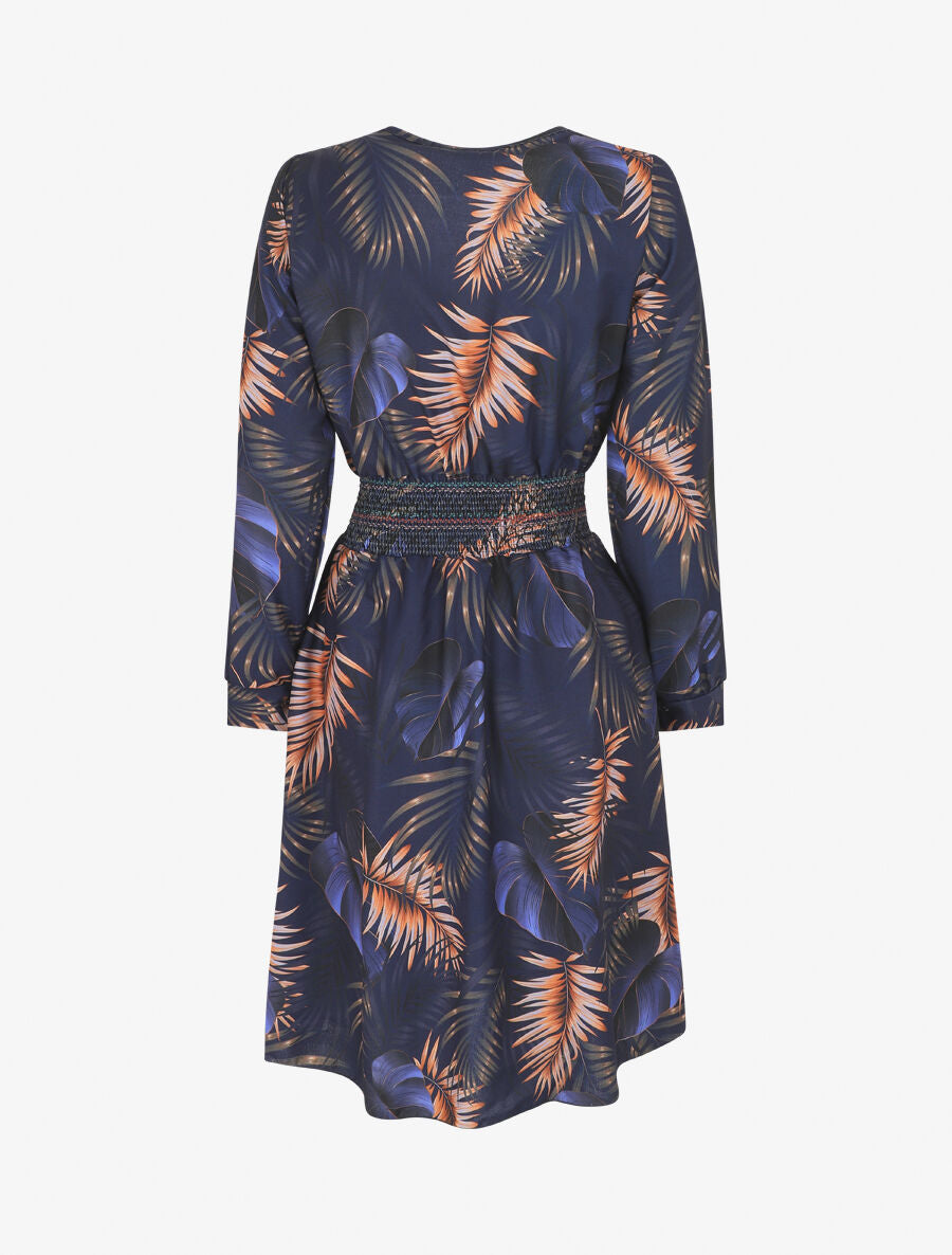Robe imprimée tropical à taille élastiquée - Marine - 2