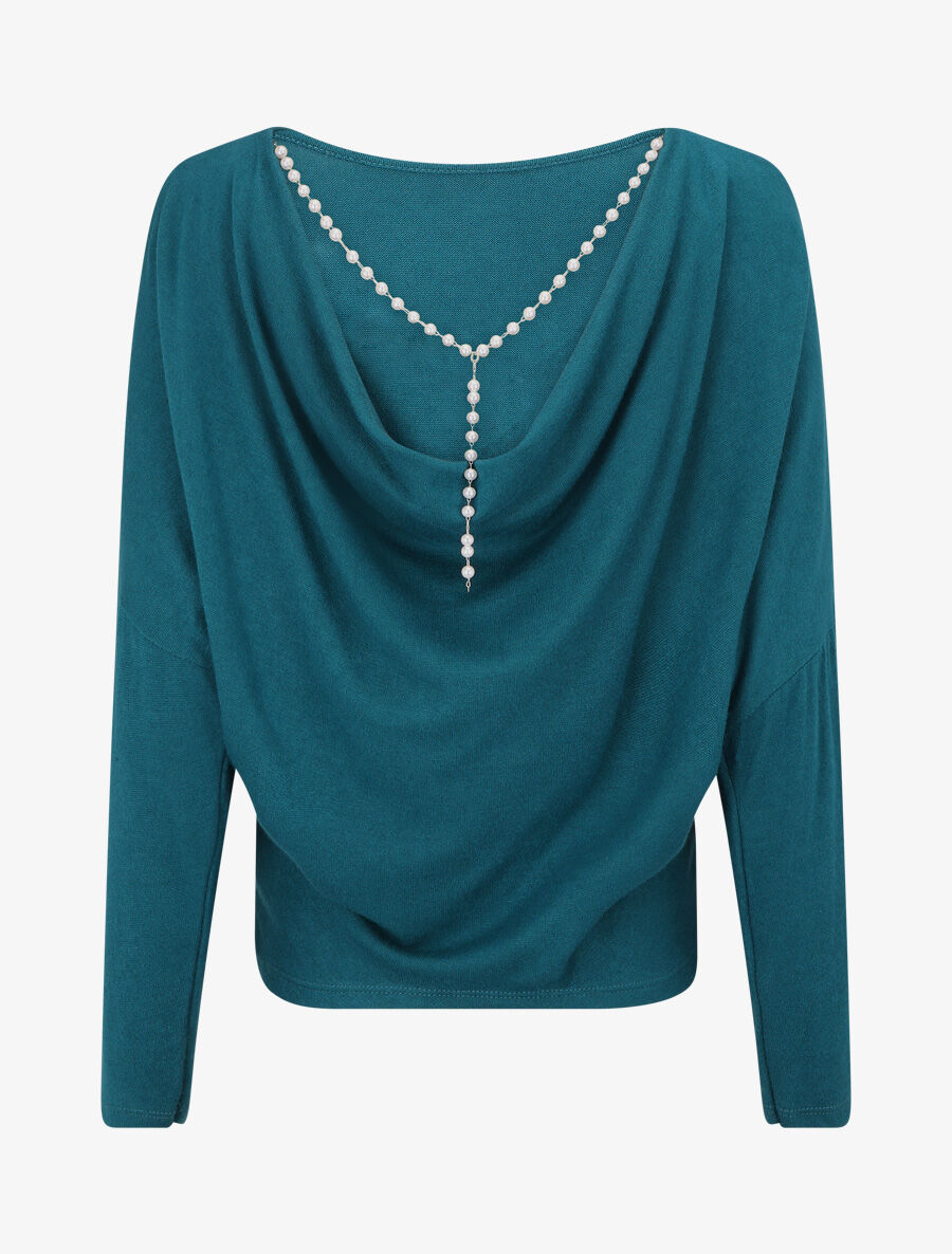 Pull loose dos nu bijou à perles - Bleu canard - 2