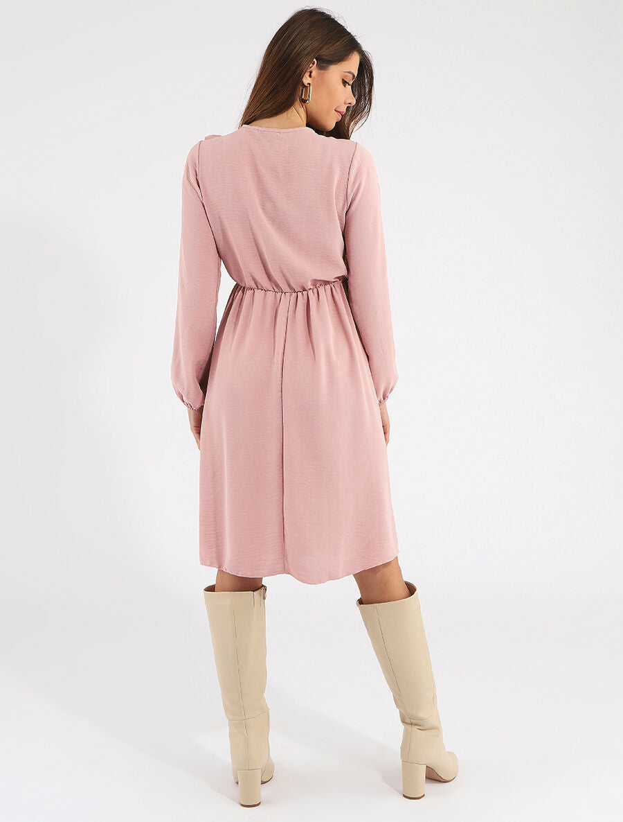 Robe uni à col en V décolleté - Rose - 5