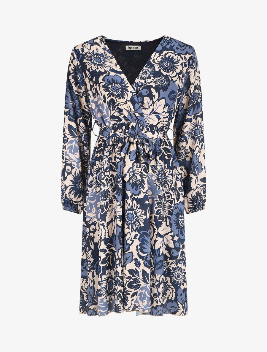 Robe mi-longue fleuri coupe évasée - Marine - 1