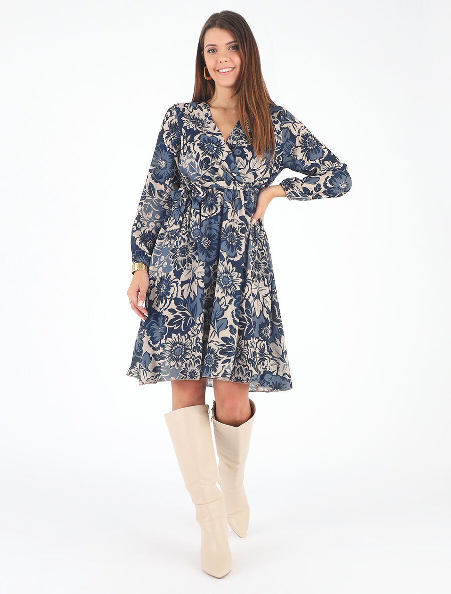 Robe mi-longue fleuri coupe évasée - Marine - 4