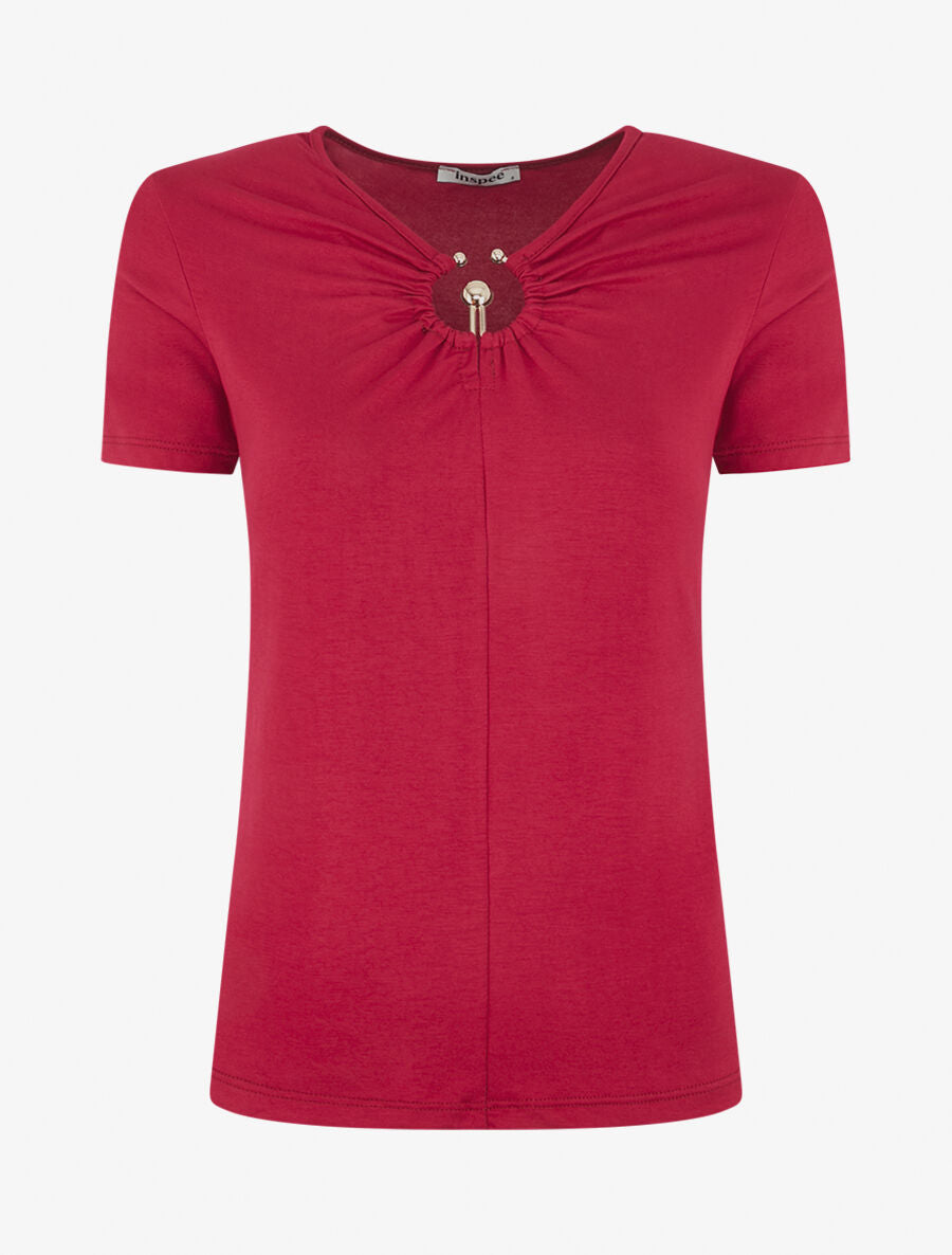 T-shirt à empiècement doré - Rouge cerise - 1