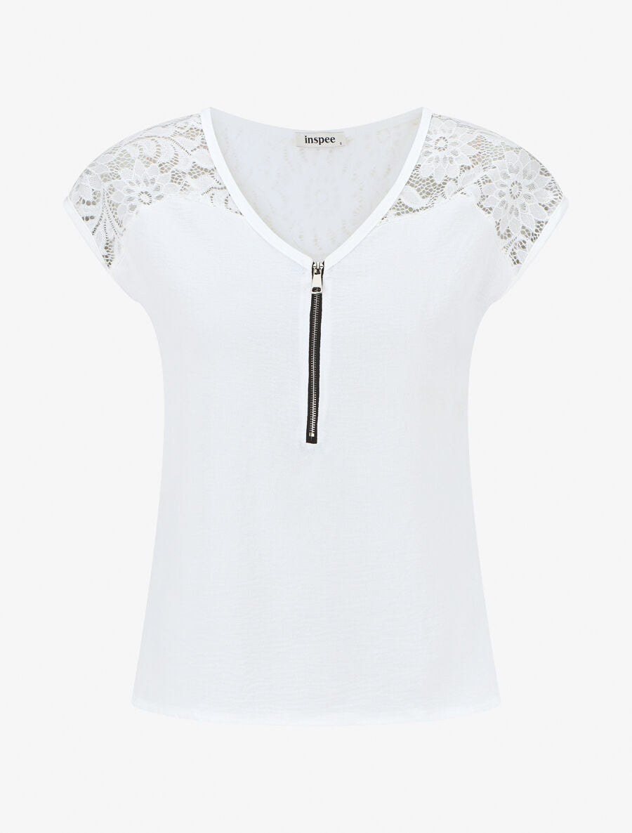 Top uni à zip et dentelle - Blanc - 1