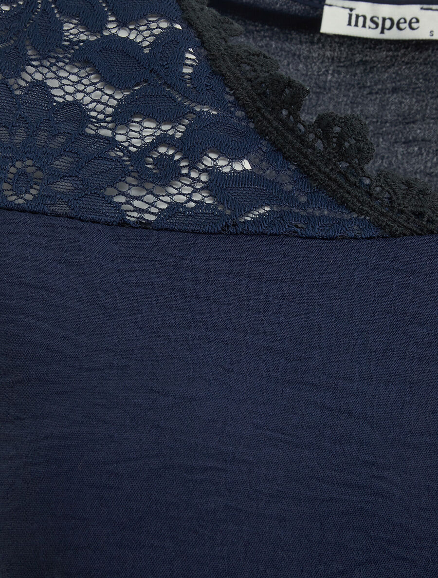 Top fluide à mancherons dentelle - Bleu nuit - 3