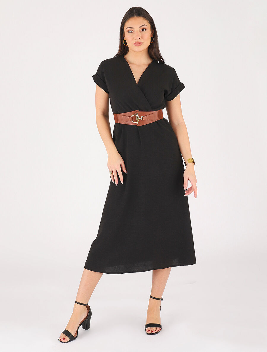 Robe longue unie cache-coeur - Noir - 4