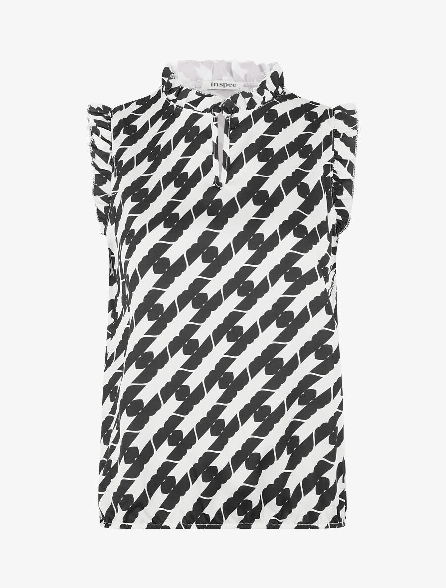Top satiné sans manches motif fantaisie et volants - Noir - 4